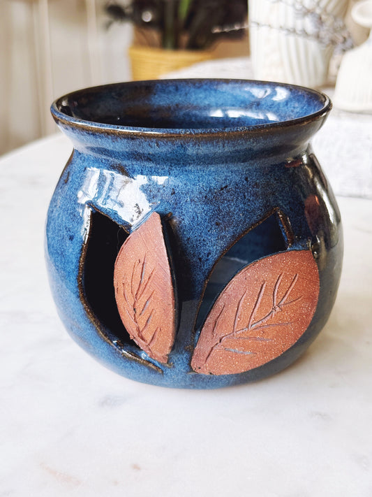 Handmade Blue Ceramic Leaf Candle Holder Cover Pot
