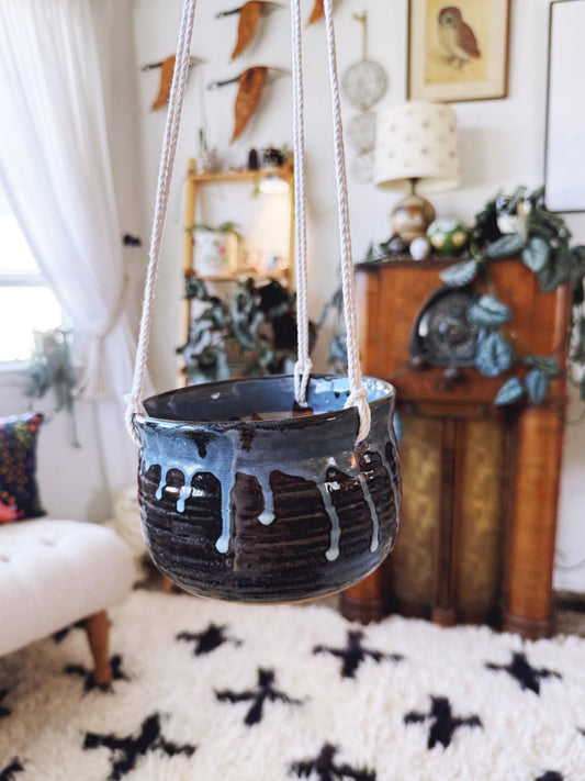 Handmade Blue Ceramic Drip Glaze Hanging Planter